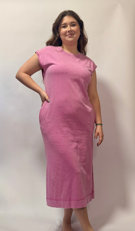 Mineral Wash Cap Sleeve Midi Dress