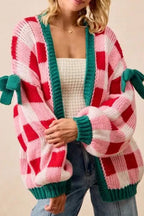 Pink Plaid Bowknot Cardigan